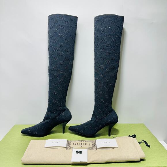 Gucci Demi 37/ US 7 Logo jacquard Metallic Stretch Knit Over The Knee Boots NIB - Picture 6 of 15